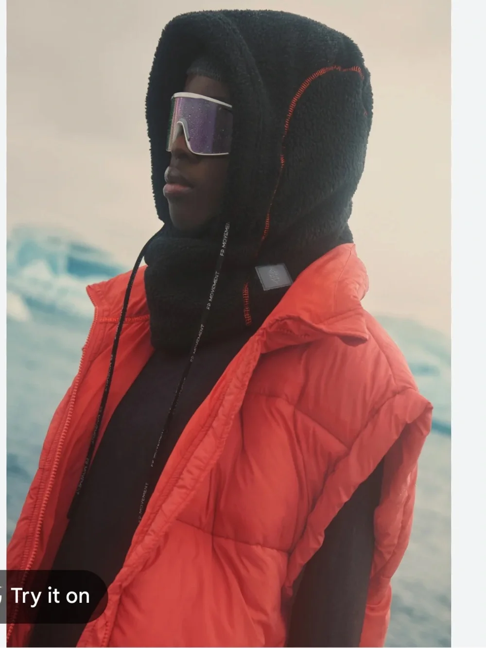 Free People FP Movement Hit The Slopes Balaclava Black Fleece Red Stitch Hood